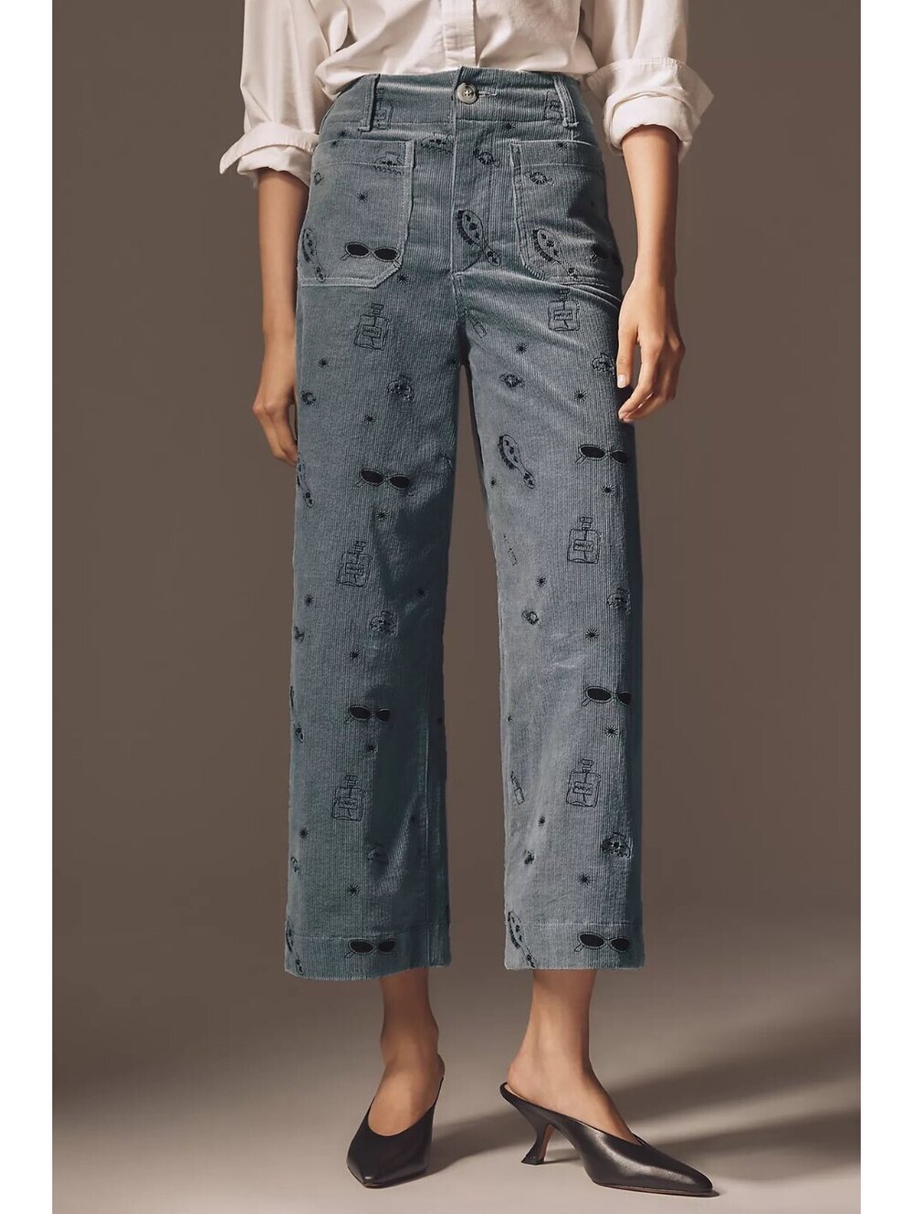 Colette by Maeve Cropped Wide-Leg Corduroy Pants Embroidered Icon Edition Sz 26P